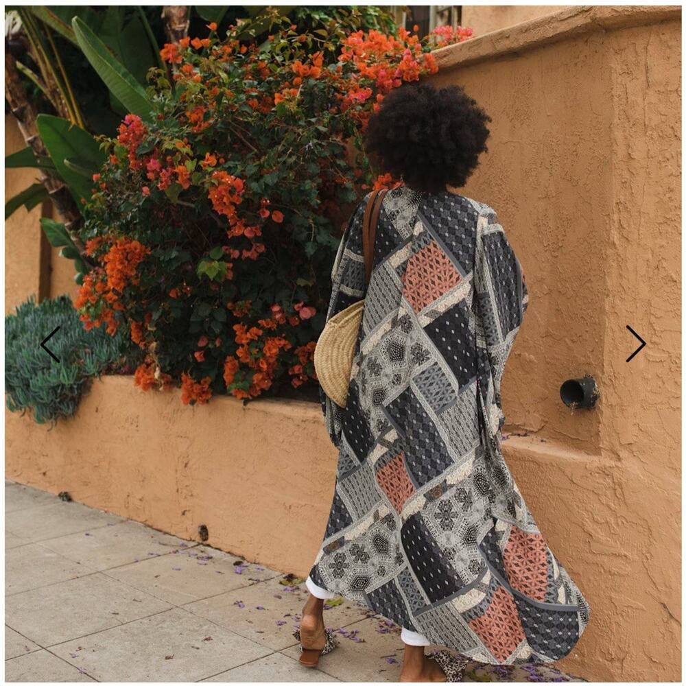 Jennafer Grace Handmade Belted Kimono Duster In Earl Grey Scarf Patchwork Boho L - Picture 6 of 11
